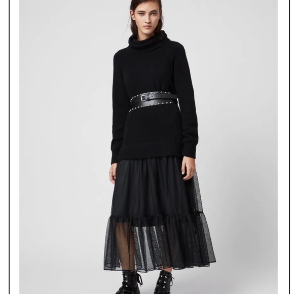 All Saints Black Tula Wool Blend Turtleneck Chunky Knit W/Mesh Skirt Dress XS - Picture 3 of 16